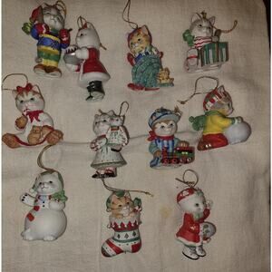 Lot of 11 collectible Christmas kitten ornaments vintage Sri Lanka ceramic